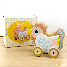 Babysing poule en bois boite à musique mécanique Djeco avec sa boite